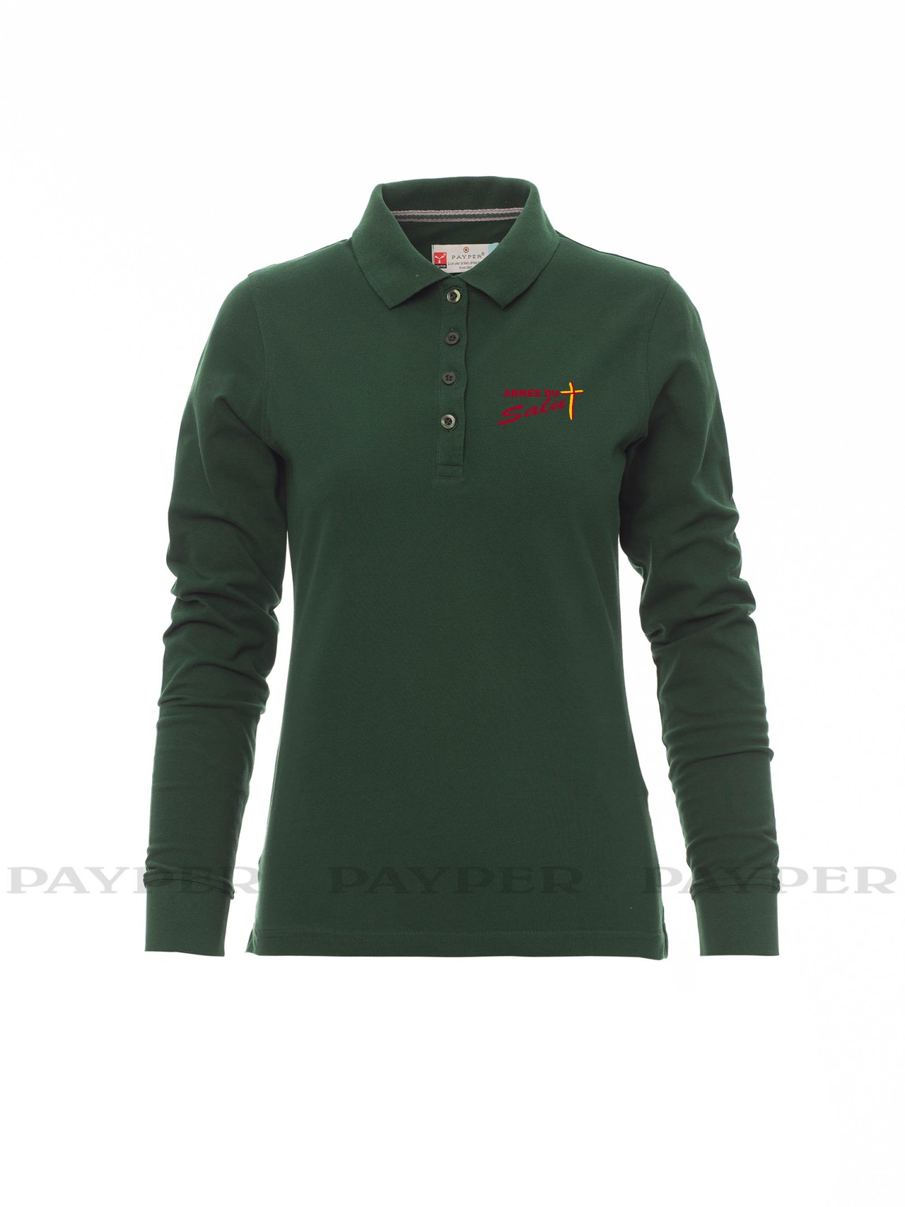 Polo femme vert manche longue avec logo serigraphié